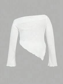 SHEIN ICON Plus Off Shoulder Lettuce Trim Asymmetrical Hem Tee - White - View 2