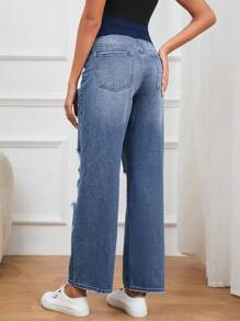 SHEIN Maternity Butterfly Print Ripped Straight Leg Jeans