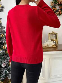 SHEIN LUNE Họa tiết Giáng sinh bất kỳ mẫu nào Áo len - Đỏ - Xem 2