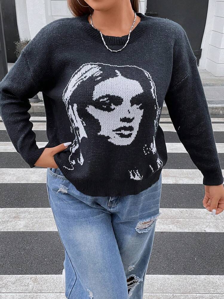 Plus Figure Pattern Drop Shoulder Sweater Knit Pullover Fall Winter Sweater