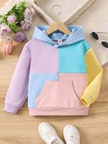SHEIN Young Girl Color Block Kangaroo Pocket Sweatshirt - Multicolor - View 1