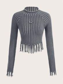 ROMWE PUNK 條紋圖案插肩袖小高領短款毛衣 - 彩色 - 查看 1
