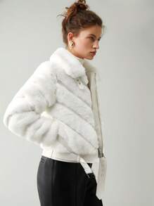 Anewsta 拉鏈開襟毛茸茸外套 - 白色 - 查看 4