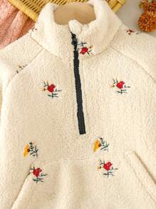 SHEIN Young Girl Floral Embroidery Raglan Sleeve Half Zip Teddy Sweatshirt - Beige - View 5