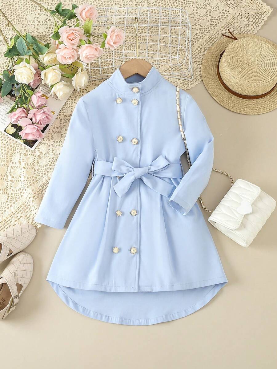 SHEIN 女小童雙排釦高低下擺腰帶風衣外套