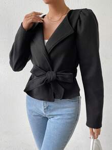 SHEIN Privé Cổ áo thác nước Ống tay áo Thắt lưng Áo khoác - màu đen - Xem 3