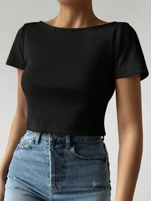 RueChic Chất rắn Không lưng Áo phông Crop - màu đen - Xem 2