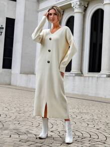 EURMUSE Button Detail Split Hem Drop Shoulder Sweater Dress - Beige - View 4