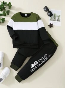 SHEIN 男小童撞色運動衫和標語圖案衛褲 - 彩色 - 查看 1
