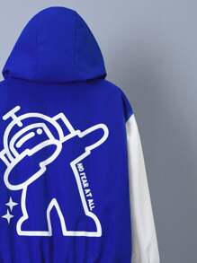 SHEIN Tween Boy Letter & Cartoon Graphic Striped Trim Hooded Thermal Lined Jacket - Blue - View 4