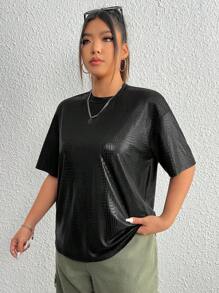 SHEIN EZwear 夏季加大鳄鱼压纹落肩衬衫 - 黑色 - 查看 3