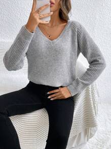 SHEIN LUNE Suéter de mangas raglán sólido, blusas de manga larga - Gris - Ver 5