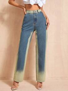 SHEIN BAE 高腰漸層直筒牛仔褲 - 深色水洗藍 - 查看 1