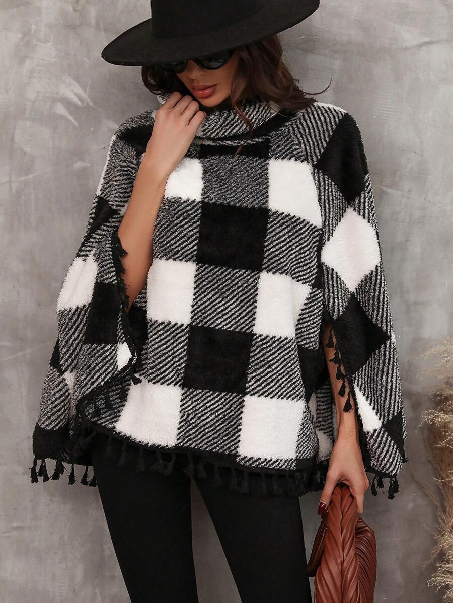 SHEIN LUNE 格紋印花流蘇邊斗篷外套 - 彩色 - 查看 1