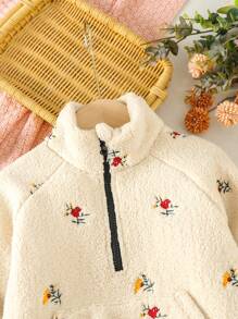 SHEIN Young Girl Floral Embroidery Raglan Sleeve Half Zip Teddy Sweatshirt - Beige - View 3