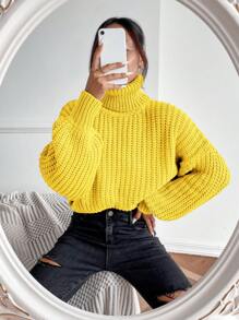 SHEIN LUNE 高領落肩袖條紋針織套頭毛衣 - 黃色 - 查看 3