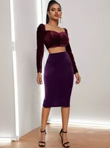 SHEIN BAE Nhung Váy bút chì - Màu tím - Xem 4