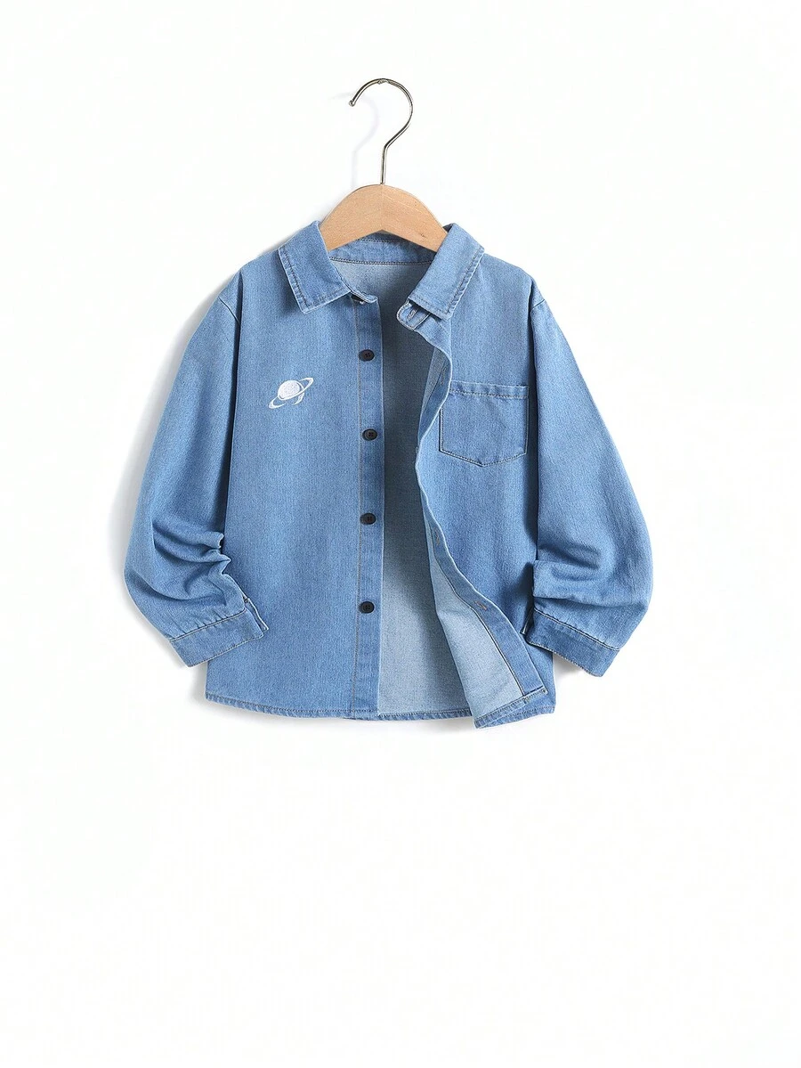 Young Boy Planet Embroidery Pocket Patched Denim Jacket - Light Wash - View 1
