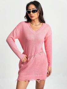 Chiquease Solid Drop Shoulder Distressed Sweater Dress