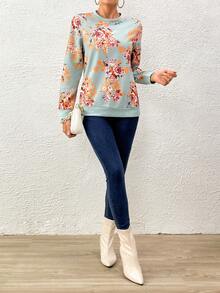 SHEIN LUNE Floral Print Round Neck Sweatshirt - Mint Green - View 4
