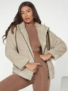 SHEIN BASICS Abrigo con capucha con cremallera unido en contraste con forro teddy - Albaricoque - Ver 5