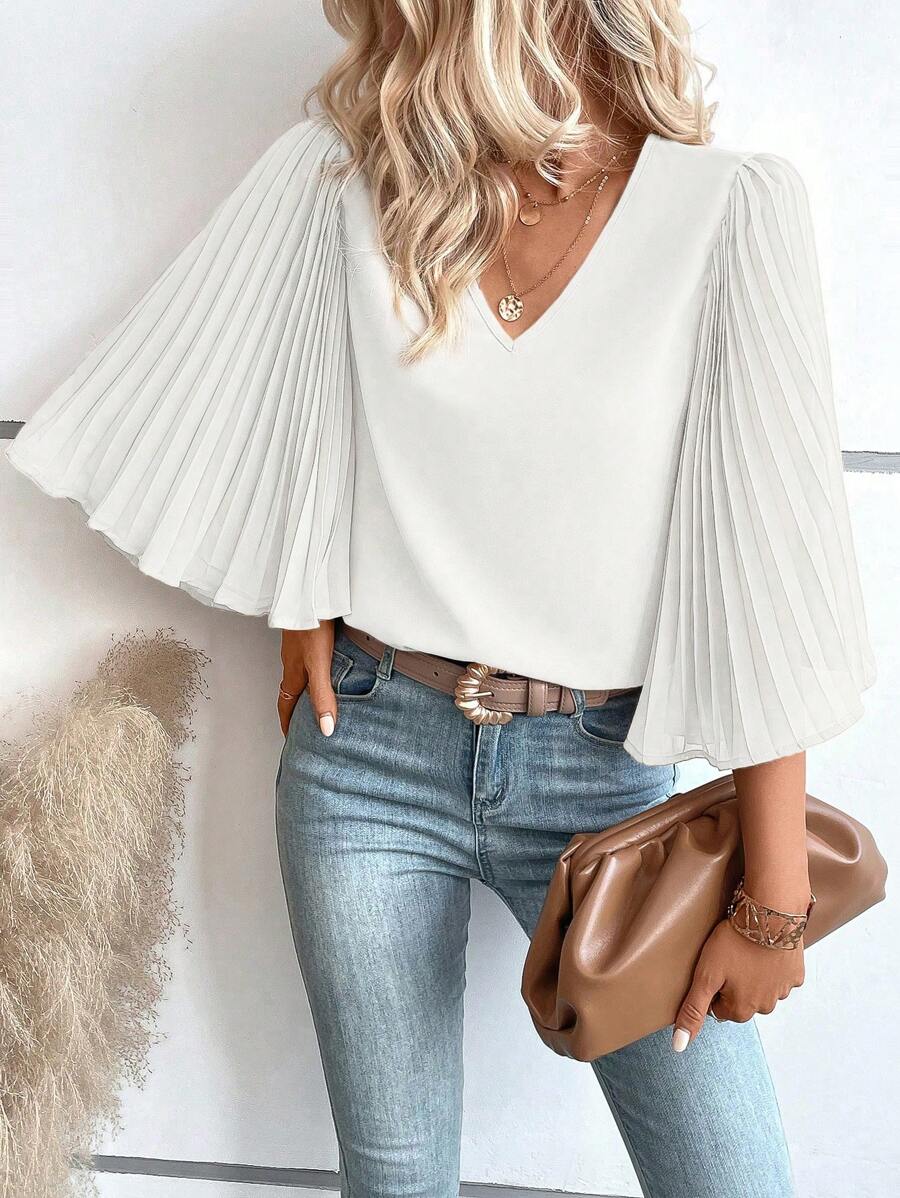 SHEIN VCAY Chất rắn Xếp li Tay áo kèn  Cổ v Áo sơ mi - trắng - Xem 1