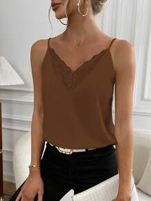 SHEIN Privé 蕾絲拼接吊帶上衣 - 咖啡棕 - 查看 5