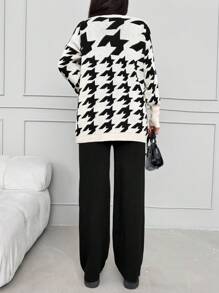 Đồ họa Houndstooth Thả vai Áo len & Quần dệt kim - Đen và trắng - Xem 2