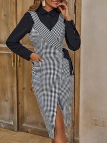 SHEIN LUNE Houndstooth Lado Do Nó Vestido Envoltório & Camiseta - Preto e Branco - Visão 5