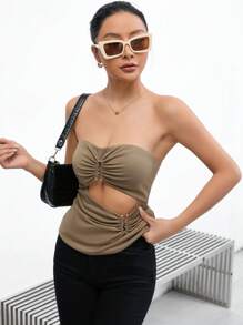 GENKIRA Top bandeau con abertura fruncido - Caqui - Ver 5