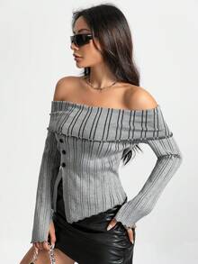 SHEIN Unity 一字肩折邊一字肩下擺開叉紐扣細節套頭毛衣 - 灰色 - 查看 3