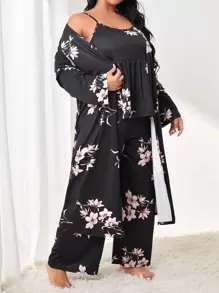花卉印花系带睡袍、吊带背心和裤子睡衣套装/睡衣套装，秋冬服装