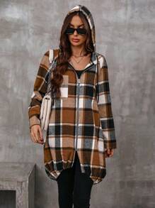 SHEIN LUNE Plaid Print Zip Up Hooded Coat - Multicolor - View 6