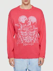 ROMWE MEN Street Life Hombres Jersey con patrón de cráneo de hombros caídos - Rosa - Ver 3