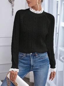 Chiquease Suéter de punto con manga raglán y encaje en contraste para otoño e invierno - Negro - Ver 6