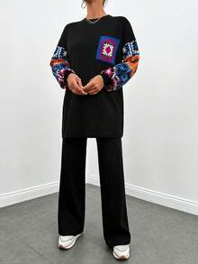 EURMUSE Geo Pattern Drop Shoulder Sweater & Knit Pants - Black - View 5