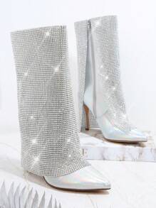 SHUZIA Metallic PU Pointy Toe Block Heel Boots - Silver - View 2
