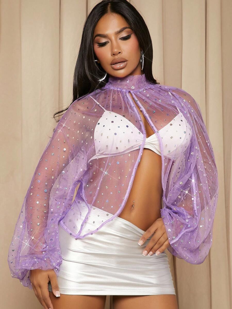 SHEIN SXY 亮片裝飾燈籠袖透視網紗襯衫不附胸罩 - 紫色 - 查看 1