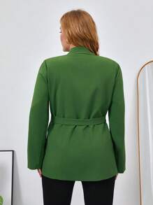SHEIN Privé 大碼西裝領百褶細節腰帶西裝外套 - 綠色 - 查看 2
