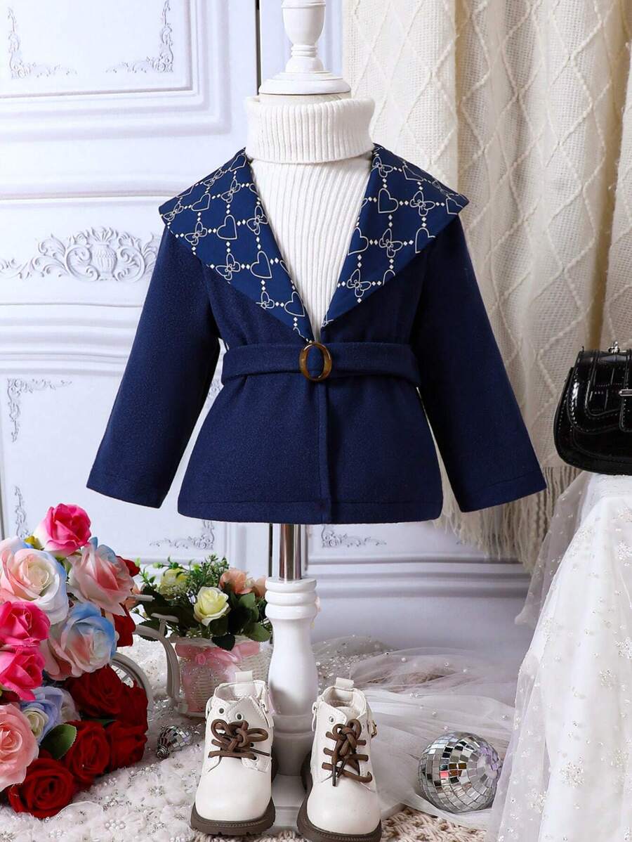 Baby Girl 1pc Geo Print Belted Overcoat - Royal Blue - View 1