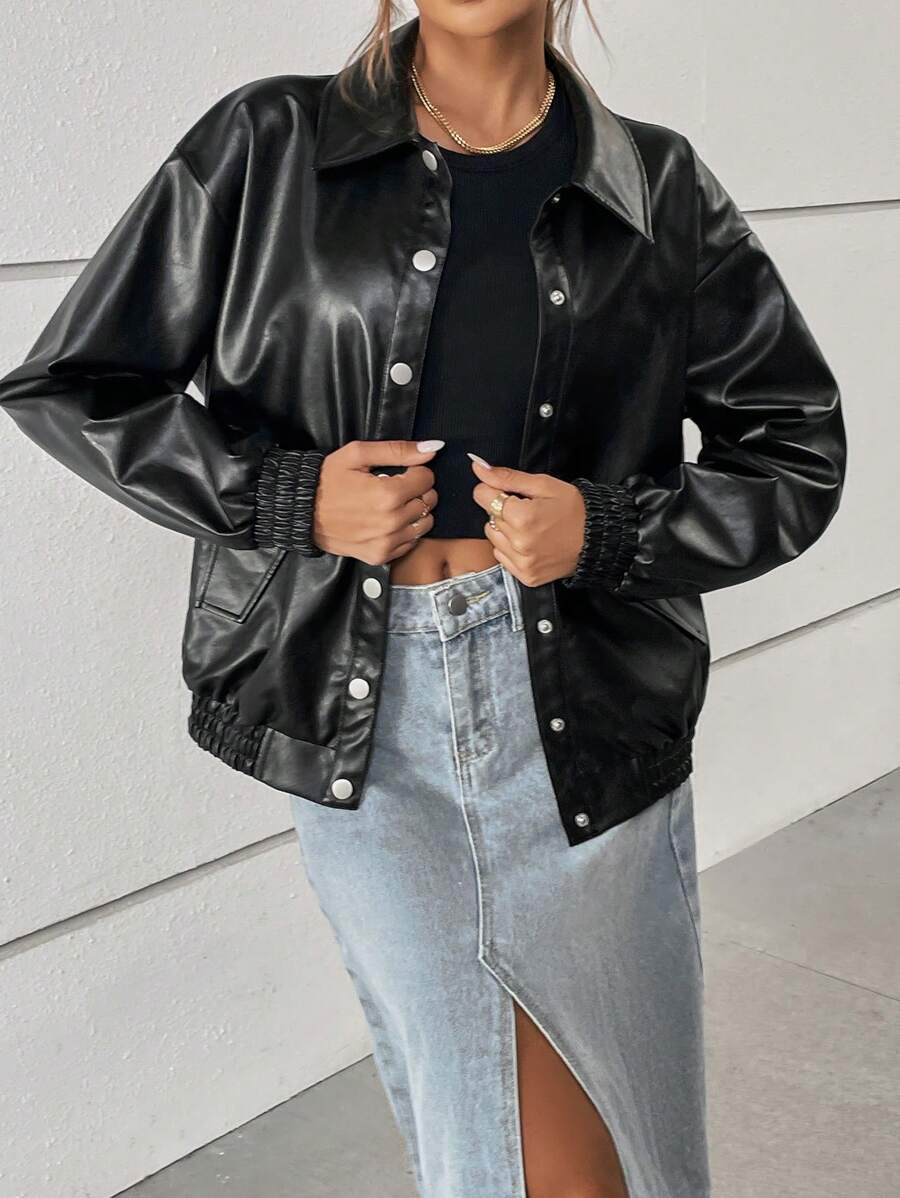 SHEIN Essnce Thả vai chất liệu da PU Áo khoác - màu đen - Xem 1