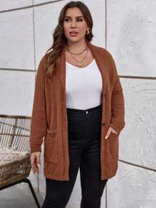 SHEIN LUNE Plus Double Pocket Drop Shoulder Cardigan - Brown - View 4