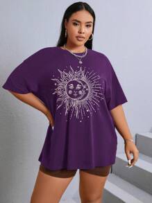 SHEIN EZwear Plus Sun & Moon Print Drop Shoulder Tee - Purple - View 5