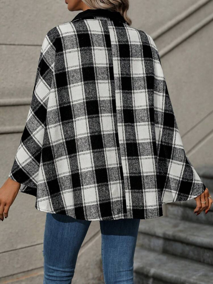 Plaid Print Batwing Sleeve Zip Up Cape Coat
