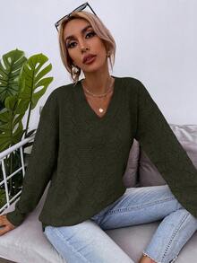 SHEIN LUNE Dệt kim chấm bi Thả vai Áo len - Màu xanh Ô liu - Xem 6