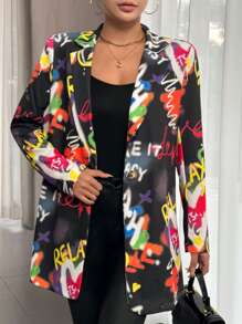 SHEIN Unity 滿版印花西裝領西裝外套 - 黑色 - 查看 1