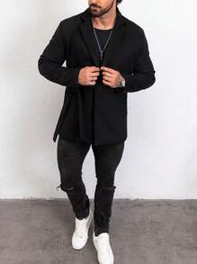 Manfinity Homme Men Lapel Neck Belted Overcoat - Black - View 3