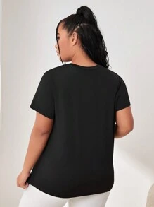 SHEIN Daily&Casual 大碼字母圖案運動T恤 - 黑色 - 查看 2