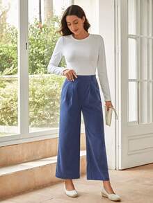 EMERY ROSE Chất rắn Túi nghiêng Quần ống rộng - Màu xanh lam - Xem 3