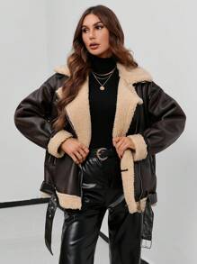 SHEIN Essnce Teddy Lined Belted PU Leather Moto Jacket - Coffee Brown - View 4